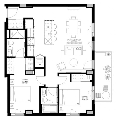 Floor plan for 2 beds, 2 baths, 987 sqft